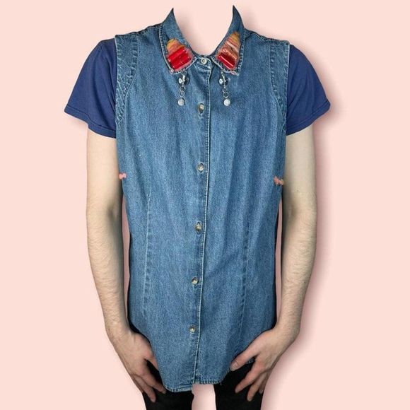 Vintage Denim Vest Crystal Beads Embroidery Extra Large Jacket - Picture 3 of 4